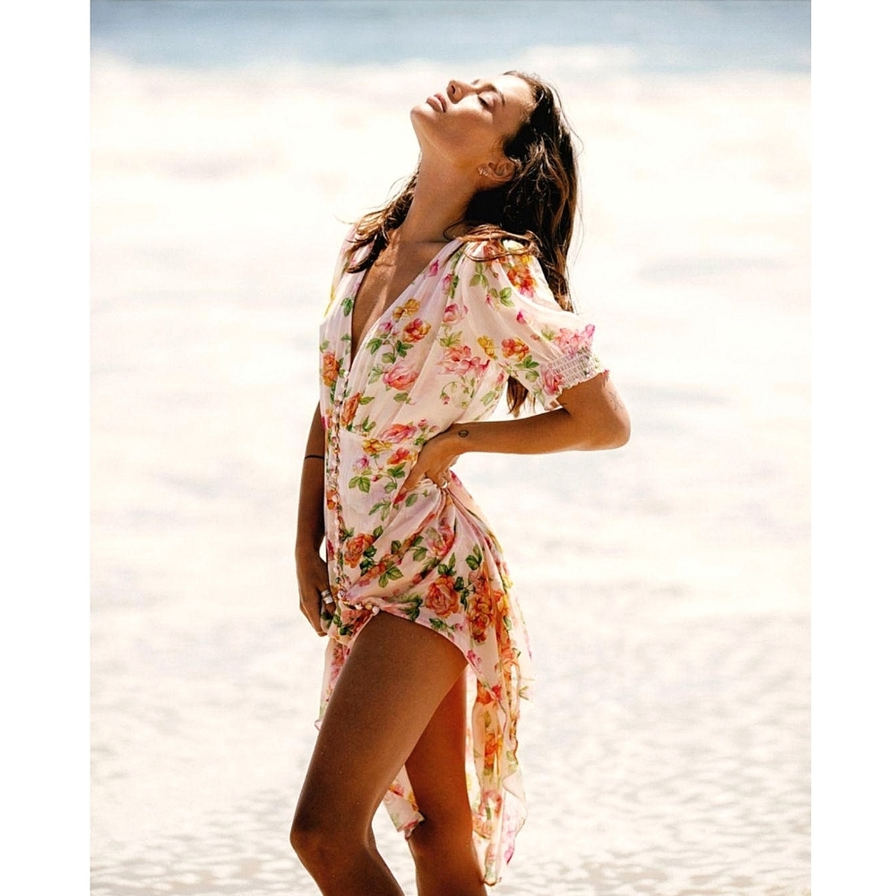 The Kooples Antique Florals Silk Puff Sleeve Slip Midi Dress - Picture 1 of 13
